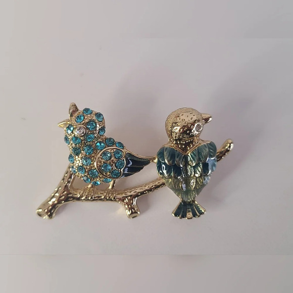 Vintage Gold Tone Brooch With Blue‎ Rhinestones And Enamel, Birds On A Branch - Picture 3 of 5